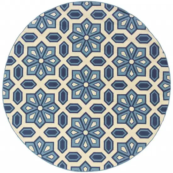 8' Round Ivory Round Geometric Stain Resistant Indoor Outdoor Area Rug Photo 1