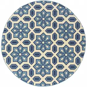 Photo of 8' Round Ivory Round Geometric Stain Resistant Indoor Outdoor Area Rug