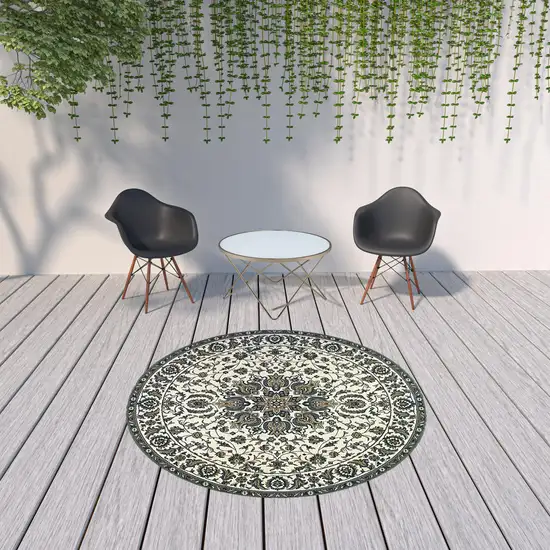 8' Round Ivory Round Oriental Stain Resistant Indoor Outdoor Area Rug Photo 2