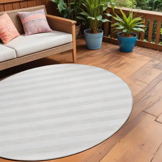 Ivory Round Striped Washable Indoor Outdoor Area Rug Photo 1