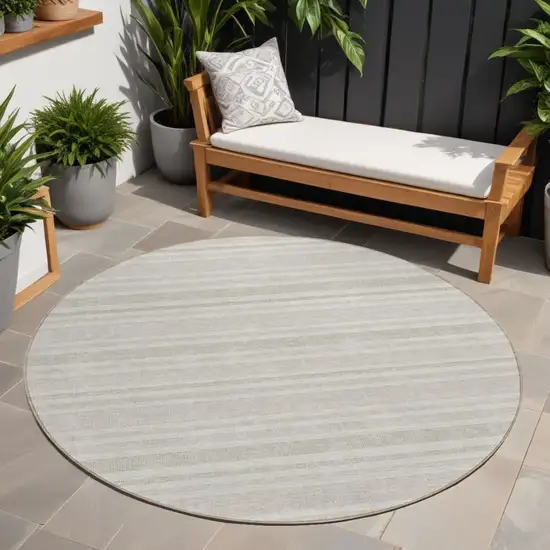 Ivory Round Striped Washable Indoor Outdoor Area Rug Photo 1