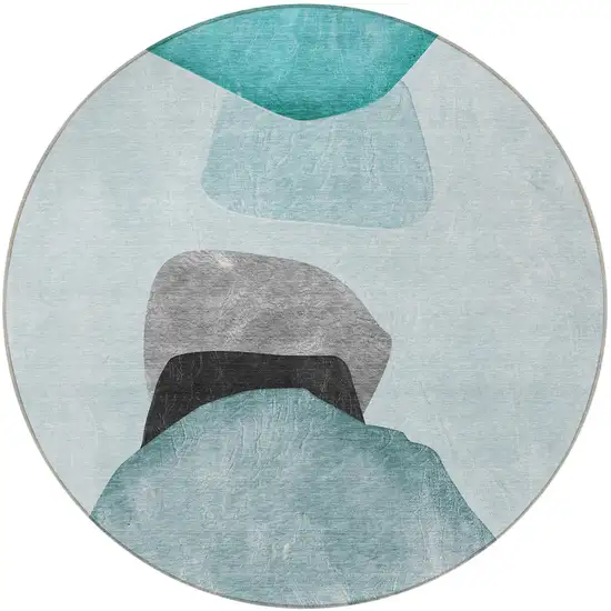 Ivory Teal and Gray Round Abstract Washable Non Skid Indoor Outdoor Area Rug Photo 4