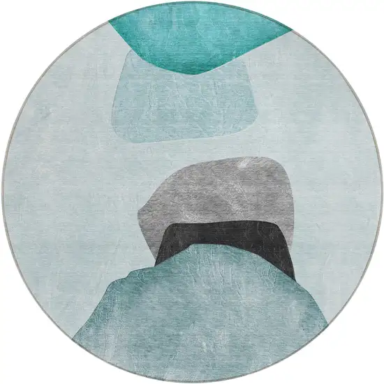 8' Round Ivory Teal and Gray Round Abstract Washable Non Skid Indoor Outdoor Area Rug Photo 2