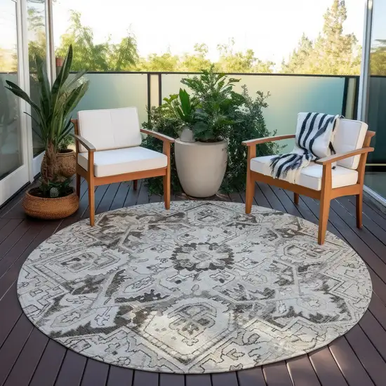 8' Round Ivory and Dark Brown Round Oriental Washable Non Skid Indoor Outdoor Area Rug Photo 8