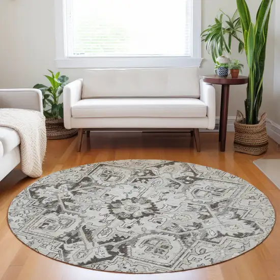 Ivory and Dark Brown Round Oriental Washable Non Skid Indoor Outdoor Area Rug Photo 9