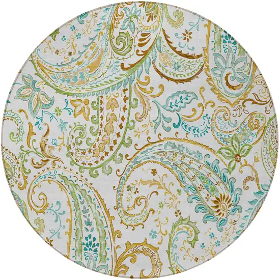 8' Round Ivory and Gold Round Paisley Washable Non Skid Indoor Outdoor Area Rug Photo 4