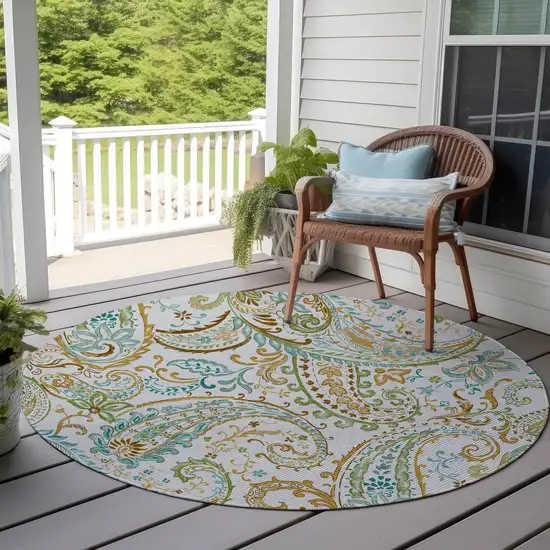 Ivory and Gold Round Paisley Washable Non Skid Indoor Outdoor Area Rug Photo 9