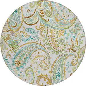 Photo of 8' Round Ivory and Gold Round Paisley Washable Non Skid Indoor Outdoor Area Rug