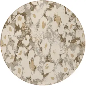 Photo of 8' Round Khaki Round Floral Washable Non Skid Indoor Outdoor Area Rug