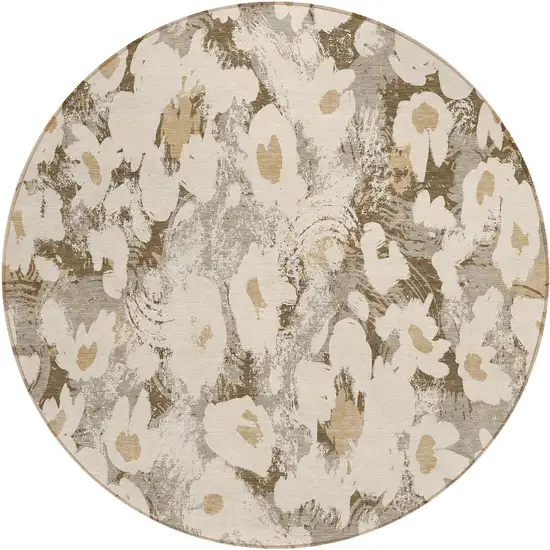 8' Round Khaki Round Floral Washable Non Skid Indoor Outdoor Area Rug Photo 2