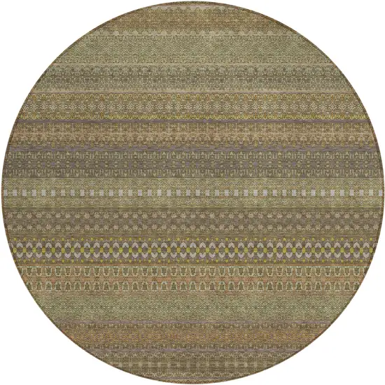 8' Round Khaki Round Striped Washable Non Skid Indoor Outdoor Area Rug Photo 2