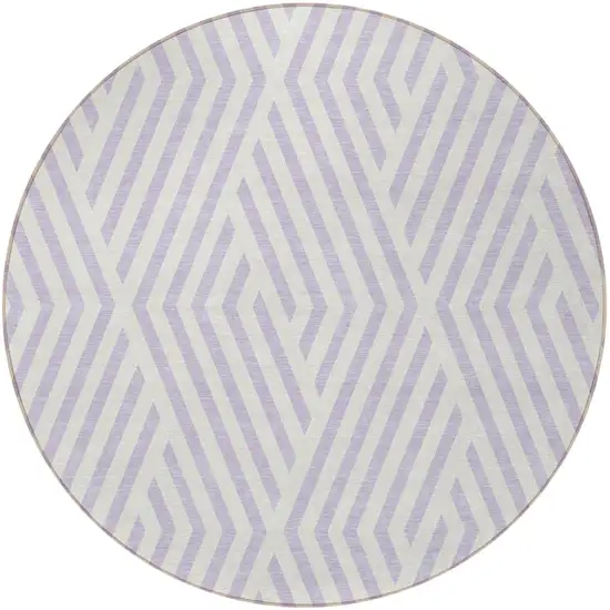 8' Round Lavender and Ivory Round Geometric Washable Non Skid Indoor Outdoor Area Rug Photo 4