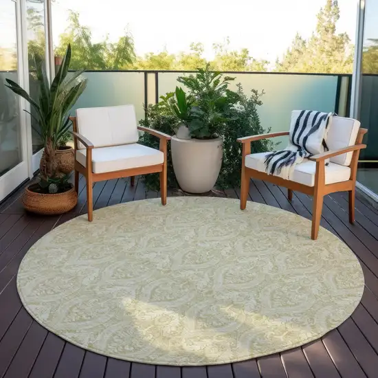 8' Round Light Green Round Damask Washable Non Skid Indoor Outdoor Area Rug Photo 8