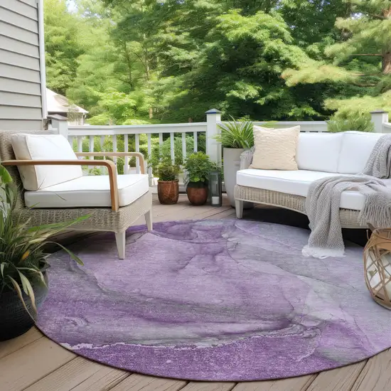 8' Round Lilac Round Abstract Washable Non Skid Indoor Outdoor Area Rug Photo 8