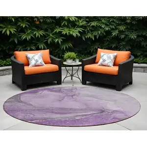 Photo of 8' Round Lilac Round Abstract Washable Non Skid Indoor Outdoor Area Rug