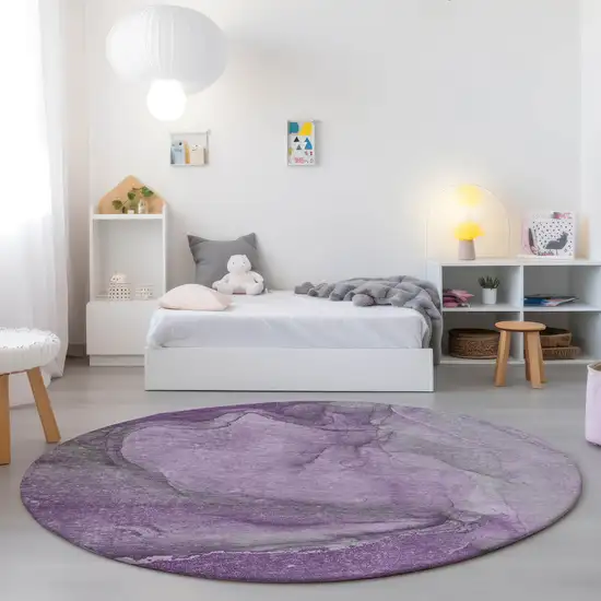 8' Round Lilac Round Abstract Washable Non Skid Indoor Outdoor Area Rug Photo 9