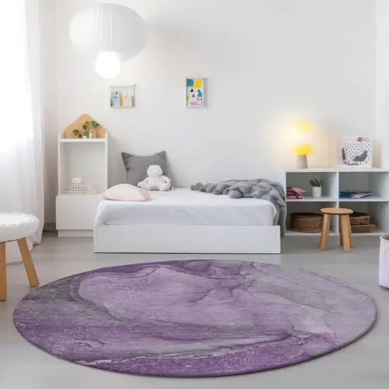 Lilac Round Abstract Washable Non Skid Indoor Outdoor Area Rug Photo 9