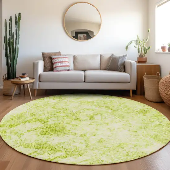 Lime Green Round Abstract Washable Non Skid Indoor Outdoor Area Rug Photo 9