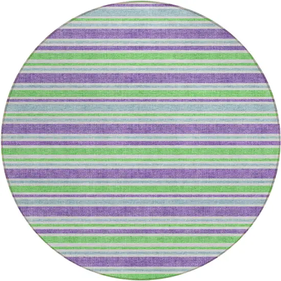 8' Round Lime Green Round Striped Washable Non Skid Indoor Outdoor Area Rug Photo 1