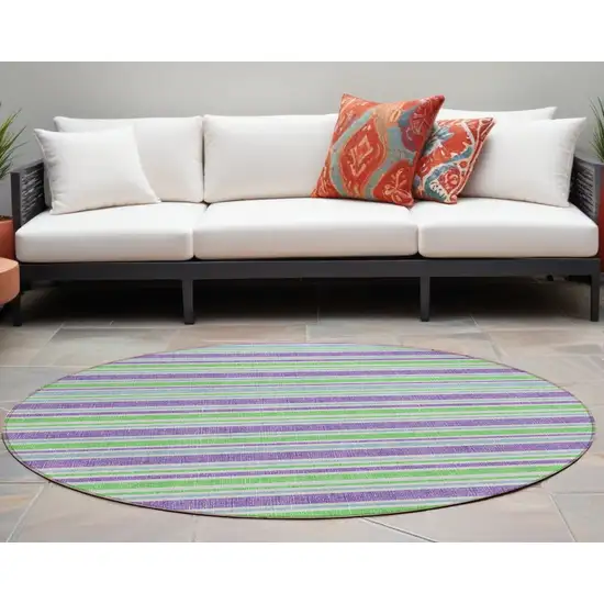 Green Purple and Blue Round Striped Washable Non Skid Indoor Outdoor Area Rug Photo 1