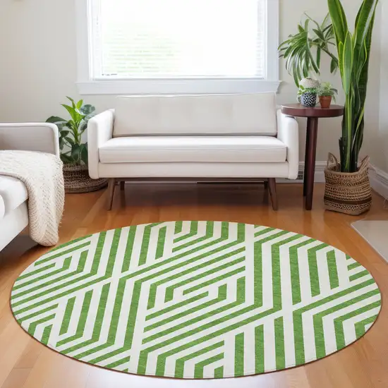 8' Round Lime Green and White Round Geometric Washable Non Skid Indoor Outdoor Area Rug Photo 9