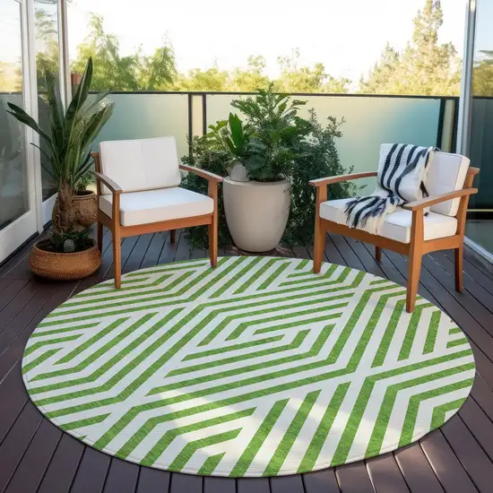 8' Round Lime Green and White Round Geometric Washable Non Skid Indoor Outdoor Area Rug Photo 8