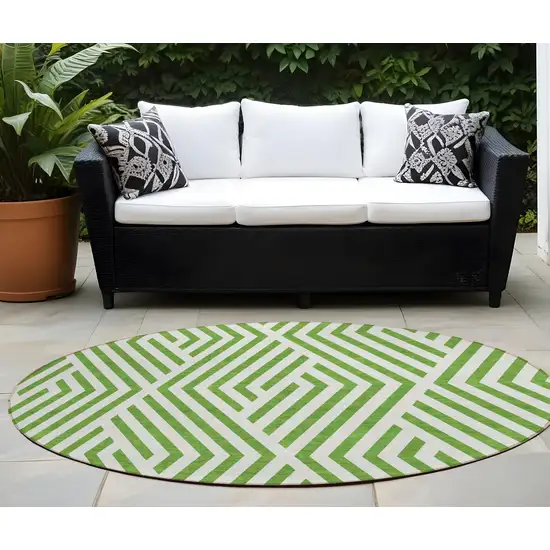 Lime Green and White Round Geometric Washable Non Skid Indoor Outdoor Area Rug Photo 1