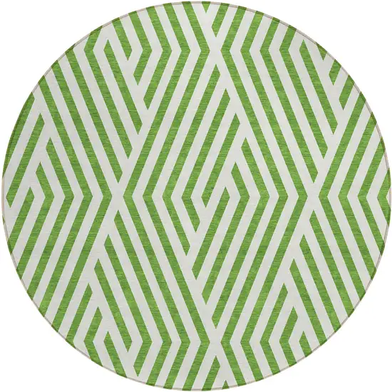 8' Round Lime Green and White Round Geometric Washable Non Skid Indoor Outdoor Area Rug Photo 2