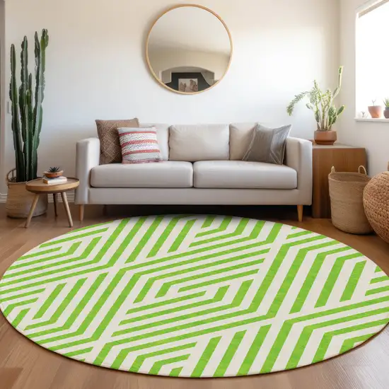 Lime Green and White Round Geometric Washable Non Skid Indoor Outdoor Area Rug Photo 9