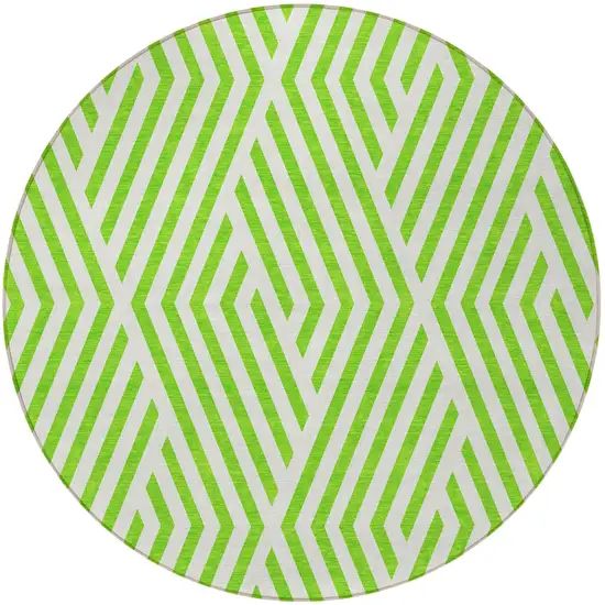 Lime Green and White Round Geometric Washable Non Skid Indoor Outdoor Area Rug Photo 4