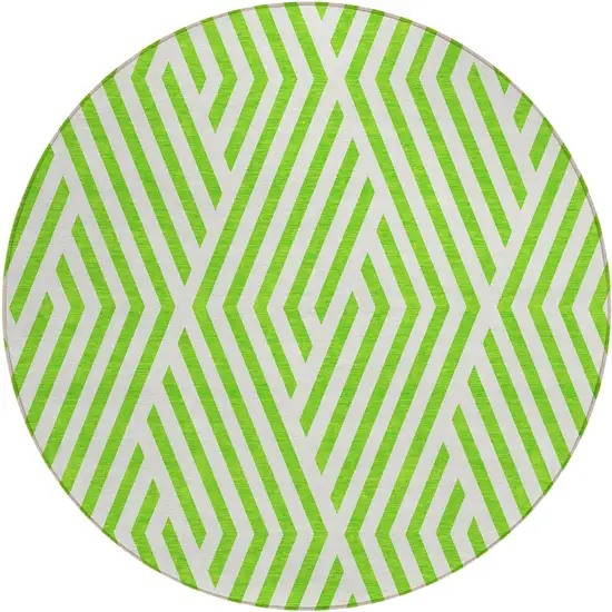 8' Round Lime Green and White Round Geometric Washable Non Skid Indoor Outdoor Area Rug Photo 2