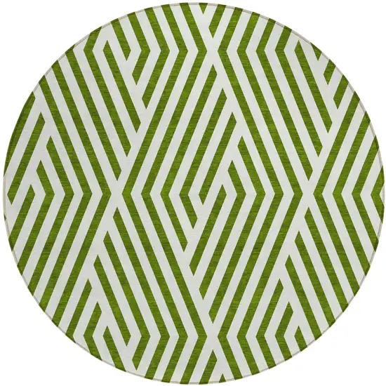 8' Round Lime Green and White Round Geometric Washable Non Skid Indoor Outdoor Area Rug Photo 2