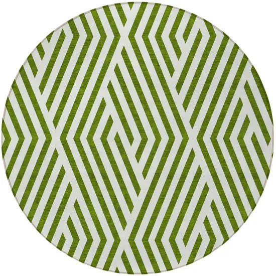 Lime Green and White Round Geometric Washable Non Skid Indoor Outdoor Area Rug Photo 5