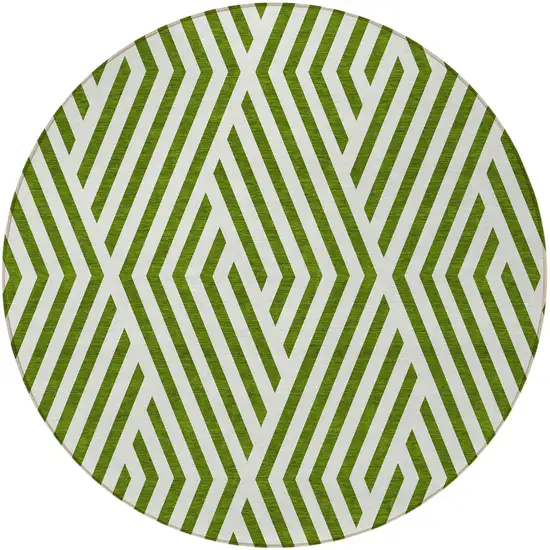 8' Round Lime Green and White Round Geometric Washable Non Skid Indoor Outdoor Area Rug Photo 4