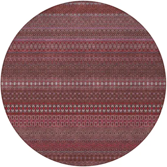 8' Round Merlot Round Striped Washable Non Skid Indoor Outdoor Area Rug Photo 5