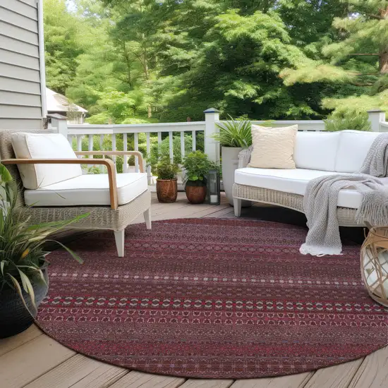 8' Round Merlot Round Striped Washable Non Skid Indoor Outdoor Area Rug Photo 8