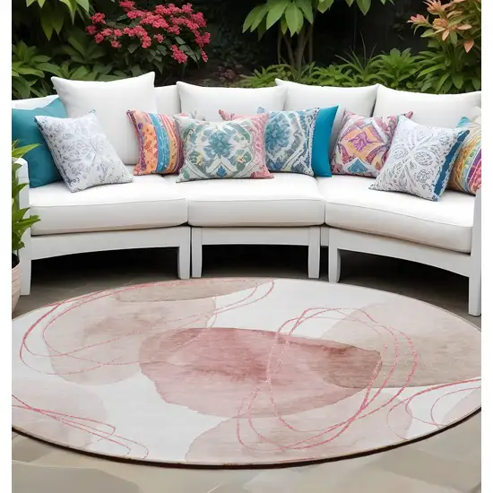 Merlot and Ivory Round Abstract Washable Non Skid Indoor Outdoor Area Rug Photo 1