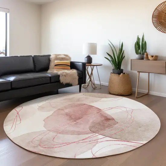 Merlot and Ivory Round Abstract Washable Non Skid Indoor Outdoor Area Rug Photo 8