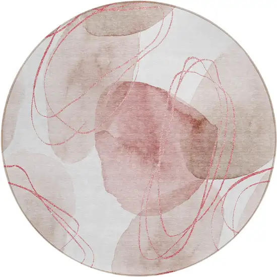 8' Round Merlot and Ivory Round Abstract Washable Non Skid Indoor Outdoor Area Rug Photo 2