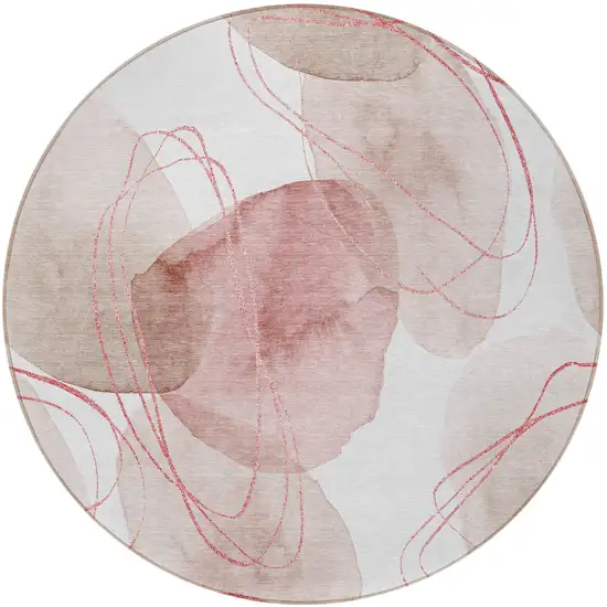 Merlot and Ivory Round Abstract Washable Non Skid Indoor Outdoor Area Rug Photo 4