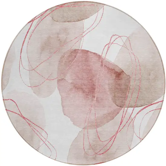 Merlot and Ivory Round Abstract Washable Non Skid Indoor Outdoor Area Rug Photo 2