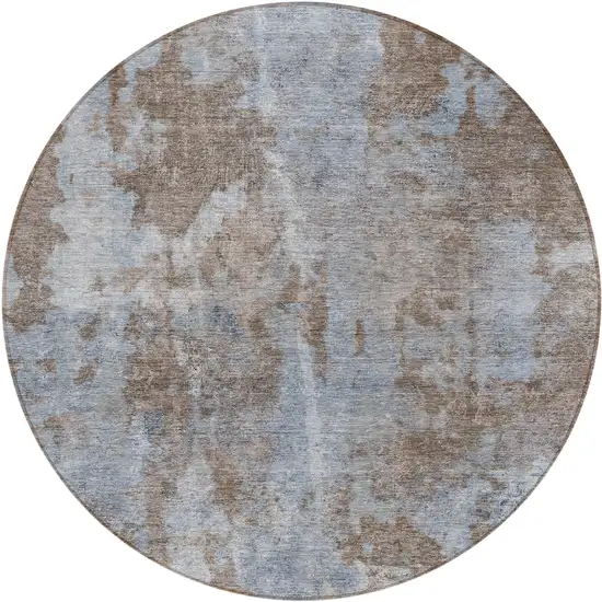 8' Round Mocha and Blue Round Abstract Washable Non Skid Indoor Outdoor Area Rug Photo 2