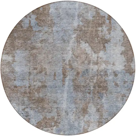 8' Round Mocha and Blue Round Abstract Washable Non Skid Indoor Outdoor Area Rug Photo 5