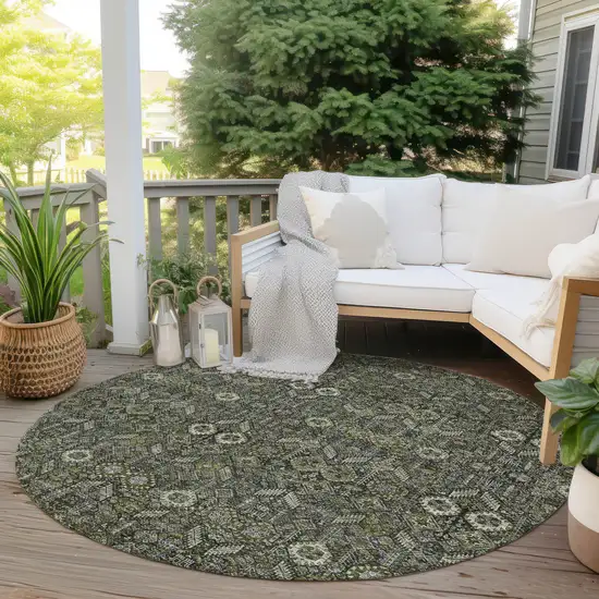 8' Round Moss Green and Gray Round Floral Washable Non Skid Indoor Outdoor Area Rug Photo 8