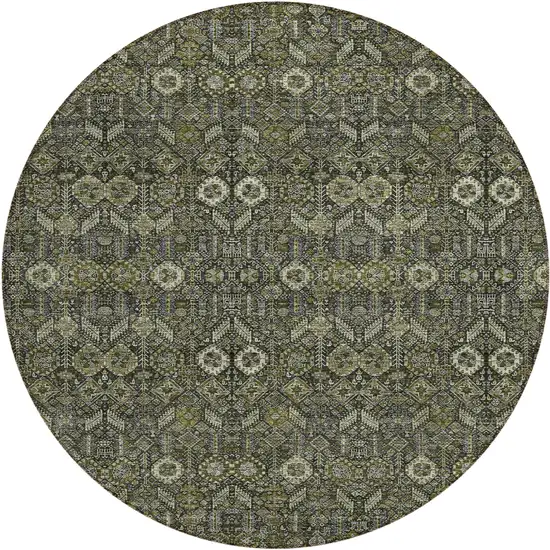 8' Round Moss Green and Gray Round Floral Washable Non Skid Indoor Outdoor Area Rug Photo 2