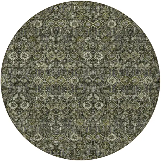 8' Round Moss Green and Gray Round Floral Washable Non Skid Indoor Outdoor Area Rug Photo 4