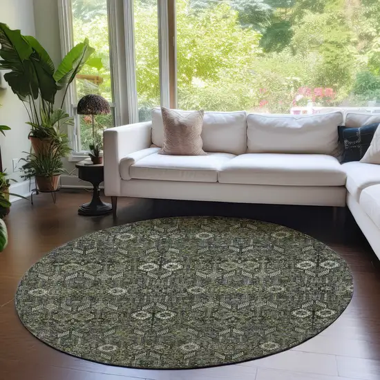 8' Round Moss Green and Gray Round Floral Washable Non Skid Indoor Outdoor Area Rug Photo 9