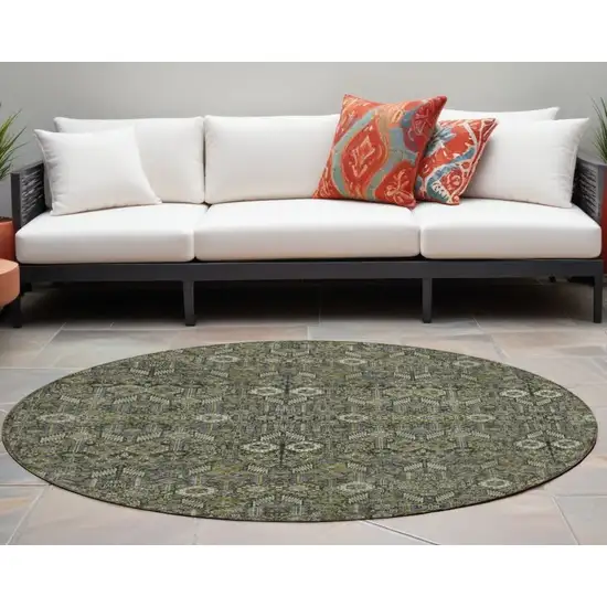 8' Round Moss Green and Gray Round Floral Washable Non Skid Indoor Outdoor Area Rug Photo 1