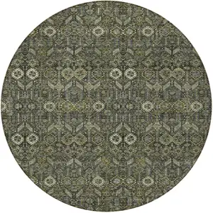 Photo of 8' Round Moss Green and Gray Round Floral Washable Non Skid Indoor Outdoor Area Rug