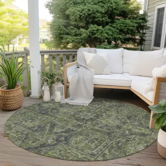 8' Round Moss Green and Gray Round Oriental Washable Non Skid Indoor Outdoor Area Rug Photo 8